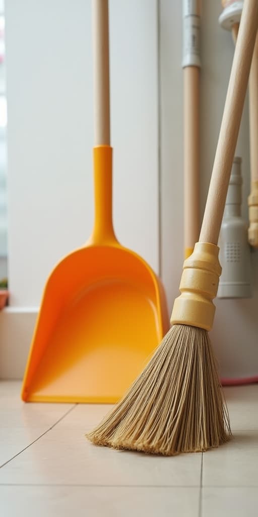  good quality, high quality, close up of a broom and dustpan set. essential housekeeping tools for efficient cleaning tasks, highlighting practicality and functionality in daily home maintenance