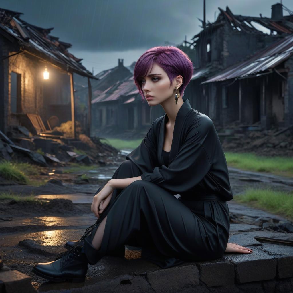  Anime, a sad girl with short violet hair and green eyes in a black tunic and an earring in her ear, is sitting sideways and looking away, against the backdrop of ruined houses. It's gloomy, dark, night, rain. hyperrealistic, full body, detailed clothing, highly detailed, cinematic lighting, stunningly beautiful, intricate, sharp focus, f/1. 8, 85mm, (centered image composition), (professionally color graded), ((bright soft diffused light)), volumetric fog, trending on instagram, trending on tumblr, HDR 4K, 8K