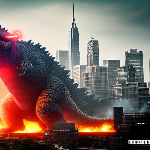 mdjrny-v4 style A colossal and fearsome Godzilla towering over a cityscape, unleashing devastating atomic breath as terrified civilians flee for their lives in the chaotic aftermath.