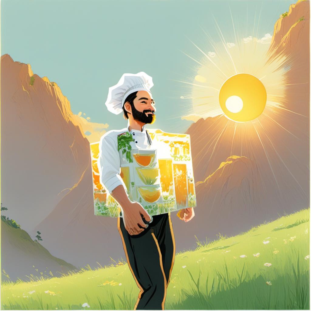  a man walking on a mountain,,a rocky mountain,,a robust, cheerful male chef with a bushy beard, wearing a traditional white chef's hat, a white shirt, and a white apron, and black trousers, white shoes. he has a confident and warm expression, exuding friendliness and strength. the character is detailed with realistic textures and a slightly fantasy inspired aesthetic.,sky blue (#87ceeb), sun yellow (#ffd700), bright white (sunlight reflection) (#ffffff), soft green (grass) (#98fb98), warm orange (sunrise/sunset accent) (#ffa07a),high quality, cartoonish, 4k, comic style, manga and manhwa style, (((painting style)))