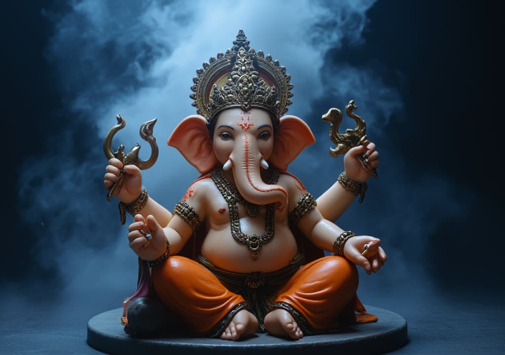  good quality, high quality, this image shows a vibrant depiction of the hindu deity cute ganesha. he is portrayed in a traditional sitting posture, adorned with ornate jewelry and a crown. his body is a soft orange, and his attire includes black and white garments. his multiple arms carry symbols and objects, indicative of his various powers and blessings. the background is dark, creating a dramatic contrast with a smoky blue aura behind the figure, adding to the divine and mystical effect, sharp focus, f/1. 8, 85mm, (centered image composition), (professionally color graded), ((bright soft diffused light)), volumetric fog, trending on instagram, trending on tumblr, hdr 4k, 8k hyperrealistic, full body, detailed clothing, highly detailed, c