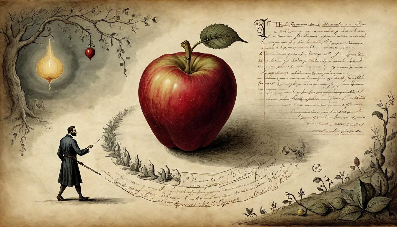  on parchment, surrealism+++, A hand firmly pushing away a shadowy figure that offers a glowing, but ultimately deceptive, forbidden fruit, symbol of resistance, integrity versus temptation(mysterious, provocative, symbolic,muted color)+++