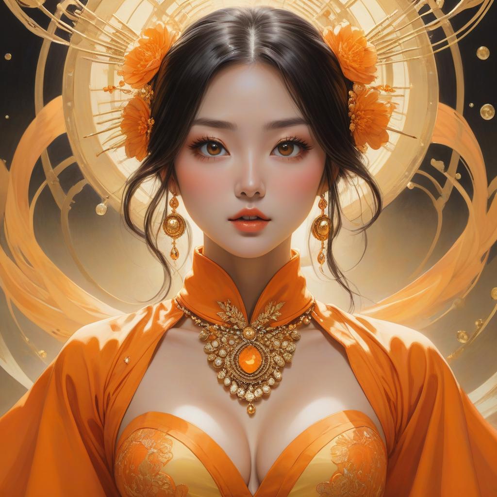  abstract expressionist painting A cartoon girl in an orange costume with gold jewelry, in the style of miho hirano, light yellow and dark brown, close up, traditional costumes, childlike simplicity, comic art, tondo . energetic brushwork, bold colors, abstract forms, expressive, emotional hyperrealistic, full body, detailed clothing, highly detailed, cinematic lighting, stunningly beautiful, intricate, sharp focus, f/1. 8, 85mm, (centered image composition), (professionally color graded), ((bright soft diffused light)), volumetric fog, trending on instagram, trending on tumblr, HDR 4K, 8K