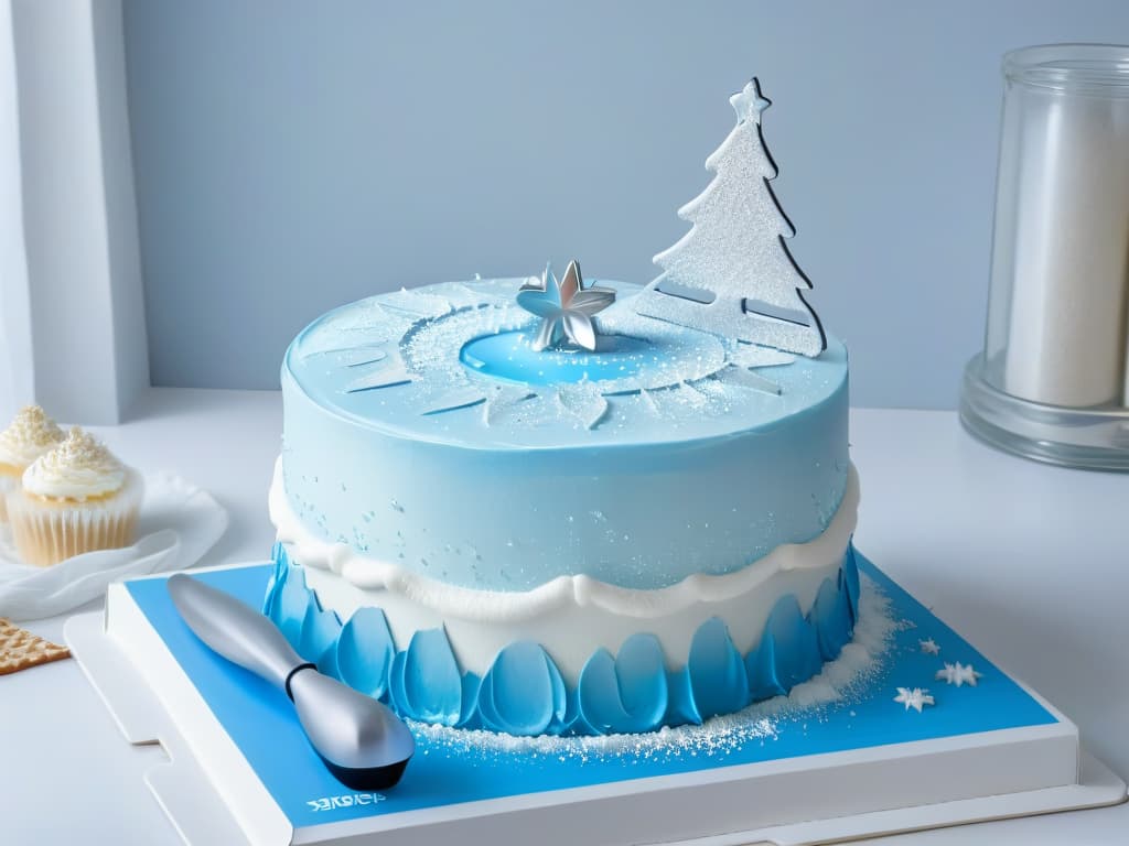  A highquality, ultradetailed image of a sleek, modern kitchen countertop adorned with a set of shimmering silver Frozenthemed baking tools and accessories. The accessories include snowflakeshaped cookie cutters, an ice blue silicone spatula, a crystalclear mixing bowl, and a delicate snow queen crownshaped cake mold. The image captures the essence of magic and wonder, with the accessories glistening under soft, ambient lighting, evoking a sense of professional elegance and inspiration for any aspiring baker looking to create Frozenthemed treats. hyperrealistic, full body, detailed clothing, highly detailed, cinematic lighting, stunningly beautiful, intricate, sharp focus, f/1. 8, 85mm, (centered image composition), (professionally color graded), ((bright soft diffused light)), volumetric fog, trending on instagram, trending on tumblr, HDR 4K, 8K