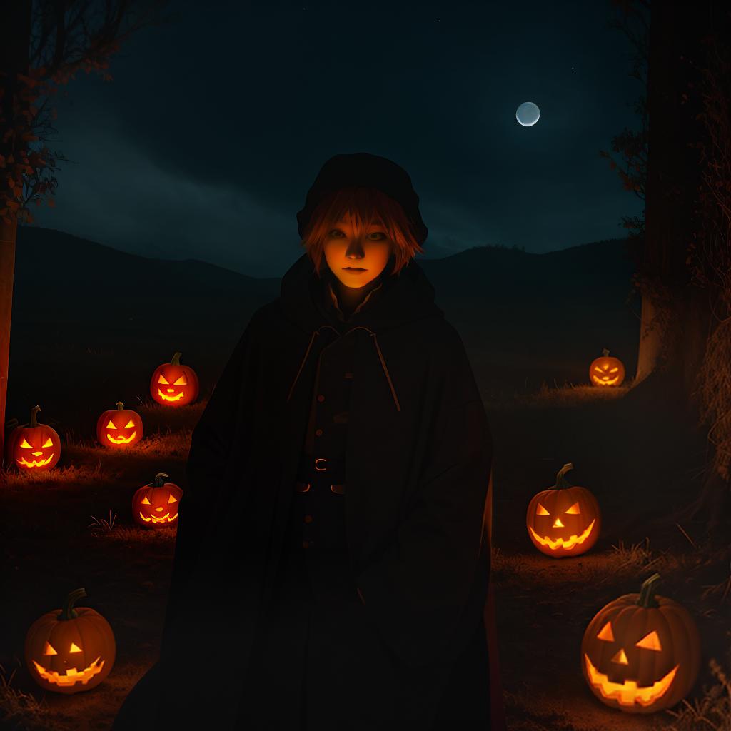  as a cinematic render, Conjure a surreal pumpkin patch, where mystical flames dance on jack-o'-lanterns under a haunting moonlit sky.