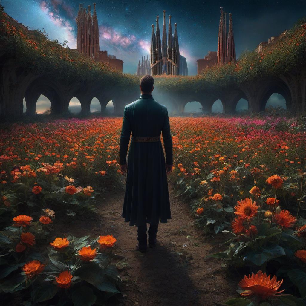  (stylized by Tomasz Alen Kopera:1.3) , dark art, dense flower field and Perseid meteor in background, landscape of a (Barcelona:1.2) , very Bizarre and 1600'S, Hurricane, Glitchcore, Amaro, layered textures, ornate, intricate artistic color, complimentary colors, very inspirational, atmosphere, fine artistic composition, sunny, theatrical hyperrealistic, full body, detailed clothing, highly detailed, cinematic lighting, stunningly beautiful, intricate, sharp focus, f/1. 8, 85mm, (centered image composition), (professionally color graded), ((bright soft diffused light)), volumetric fog, trending on instagram, trending on tumblr, HDR 4K, 8K