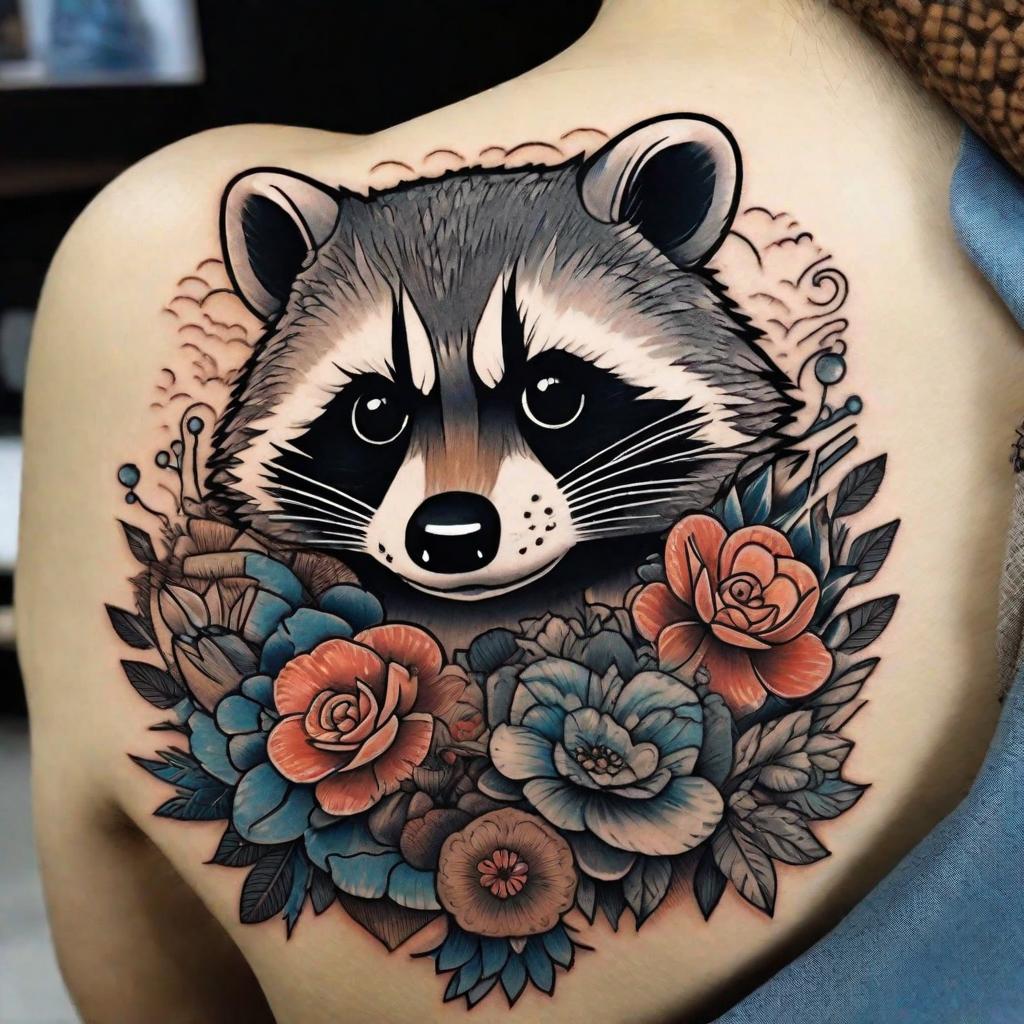  masterpiece, best quality, Raccoon japanese tattoo upper arm with Boo from super mario. Include water, clouds, mandala