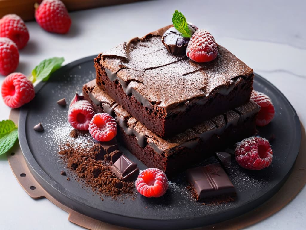  A closeup, ultradetailed image of a decadent, fudgy brownie with a glossy, crackly top, dusted with a sprinkle of cocoa powder, placed on a sleek, modern, matte black plate. The brownie is surrounded by a scattering of fresh raspberries, vibrant mint leaves, and a few dark chocolate chunks, all set against a clean, white marble background that subtly reflects the brownie's rich texture. The lighting is soft but highlights the textures and colors, creating a visually striking and mouthwatering composition perfect for a lowcalorie brownie recipe article. hyperrealistic, full body, detailed clothing, highly detailed, cinematic lighting, stunningly beautiful, intricate, sharp focus, f/1. 8, 85mm, (centered image composition), (professionally color graded), ((bright soft diffused light)), volumetric fog, trending on instagram, trending on tumblr, HDR 4K, 8K