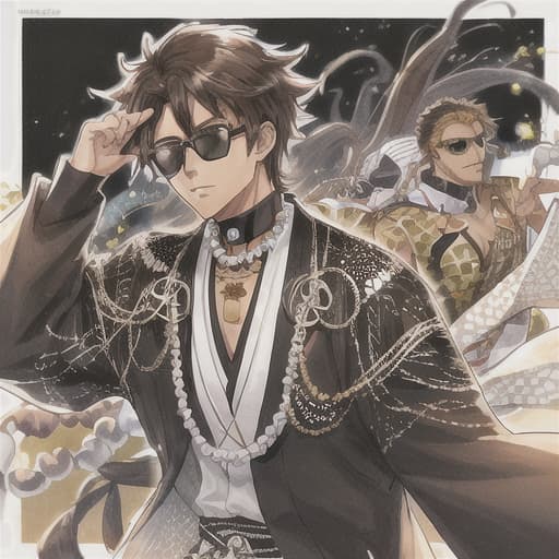  man, African American appearance, black-white Japanese outfit, brown hair tousled and pulled out in front, black square sunglasses, beads on his neck