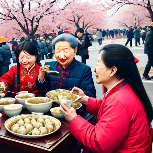  Chinese old people eat dumplings during the Spring Festival,