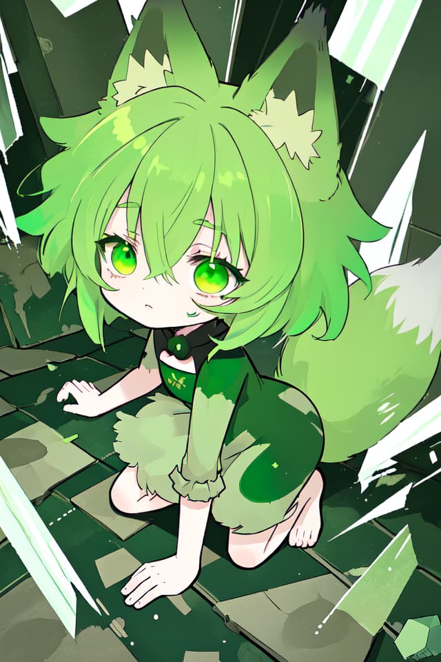  Green hair character with fox ears, crushed cracks and rough drawing