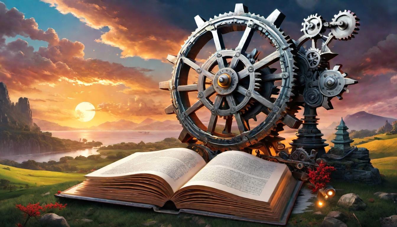  digital illustration A book open to a page illuminating symbols and gears, juxtaposed with a natural landscape in the background, blending technology and tradition, curious exploration. looking at viewer, dynamic pose, (intricate details, masterpiece, best quality)