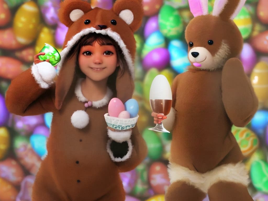  a brown bear dressed up as the Easter bunny, holding a shot glass