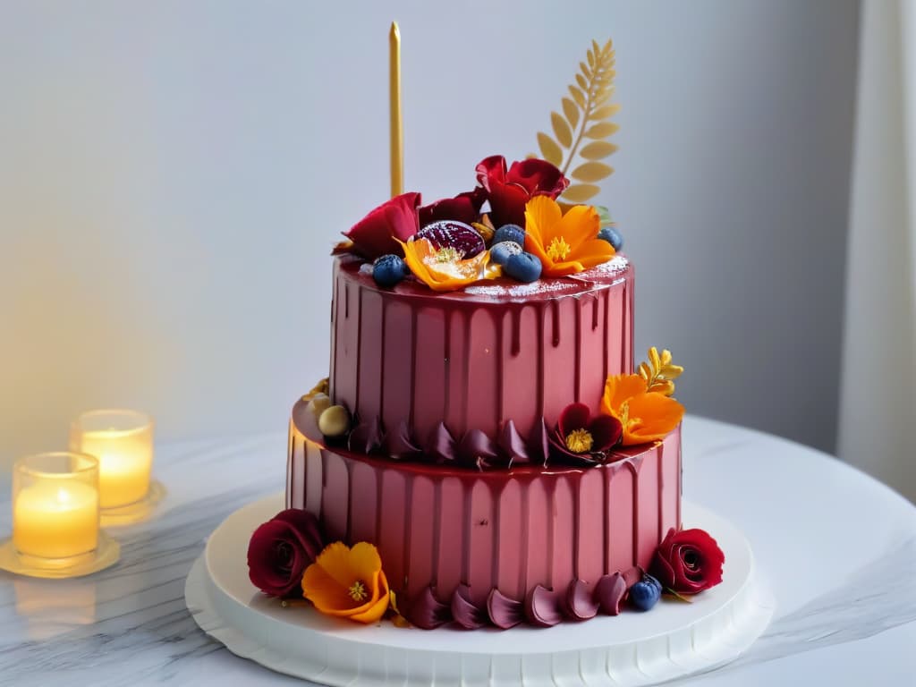  An intricately decorated threetiered cake standing on a polished marble table, adorned with delicate sugar flowers and gold leaf accents. The cake is soaked in a glossy rum syrup, emitting a subtle boozy aroma. Each layer reveals a different flavor profile one infused with velvety red wine, another with aromatic orange liqueur, and the third with a rich coffee liquor. The soft candlelight casts a warm glow, highlighting the intricate details of the cake's decorations and creating a luxurious and indulgent ambiance. hyperrealistic, full body, detailed clothing, highly detailed, cinematic lighting, stunningly beautiful, intricate, sharp focus, f/1. 8, 85mm, (centered image composition), (professionally color graded), ((bright soft diffused light)), volumetric fog, trending on instagram, trending on tumblr, HDR 4K, 8K