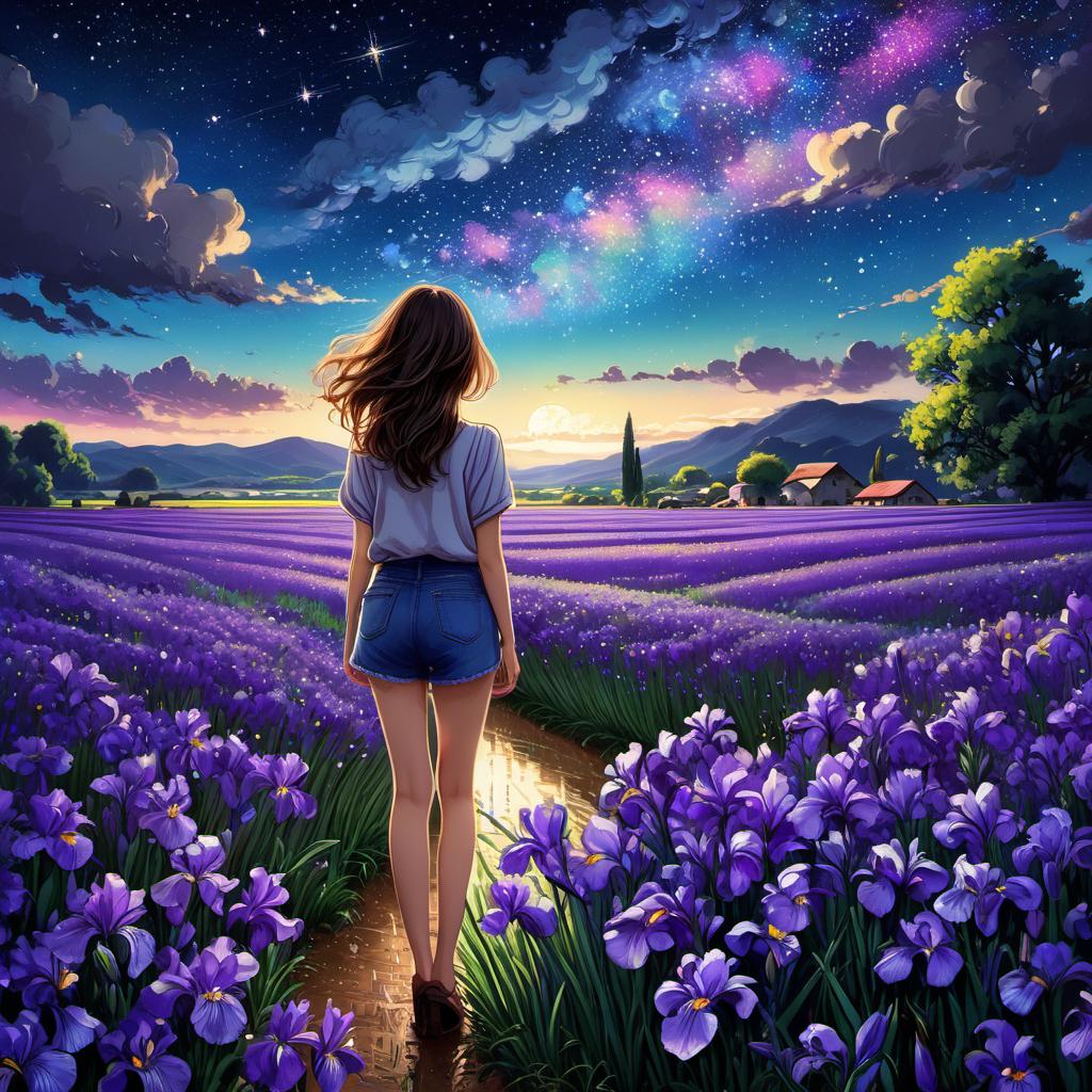  European girl, casual clothing, The view from behind, on the Fields of Purple Irises, after rain, starry sky, clouds, vivid, highly detailed, Hayao Miyazaki style, hand-drawn, digital art, Midnight, whimsical, (enchanting atmosphere:1.1), warm lighting , depth of field, Wacom Cintiq, Adobe Photoshop, 300 DPI, (hdr:1.2), dark perple shadows