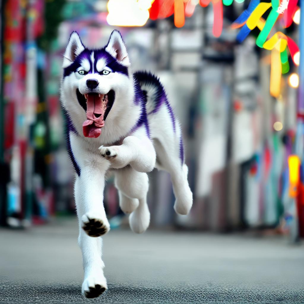  Sasake Eto a Siberian husky dog running with a speed of light. crazy expression. tongue out. the camera almost didn't catch it speed. there is a owner scream and stress on the background. thai alley background.