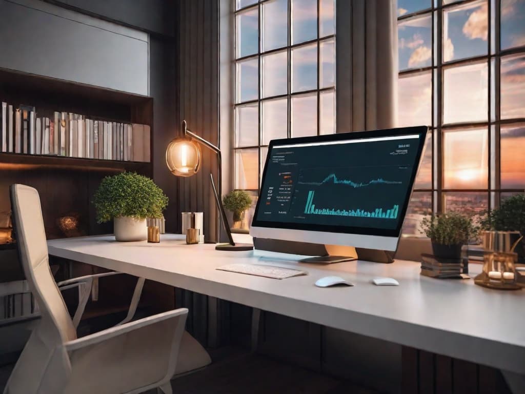  A sleek, minimalist home office with a modern computer setup, a neat desk with financial books, a cup of coffee, and a clear whiteboard with investment strategies outlined in a clean, organized fashion. digital art, ilustration, no flares, clean hyperrealistic, full body, detailed clothing, highly detailed, cinematic lighting, stunningly beautiful, intricate, sharp focus, f/1. 8, 85mm, (centered image composition), (professionally color graded), ((bright soft diffused light)), volumetric fog, trending on instagram, trending on tumblr, HDR 4K, 8K