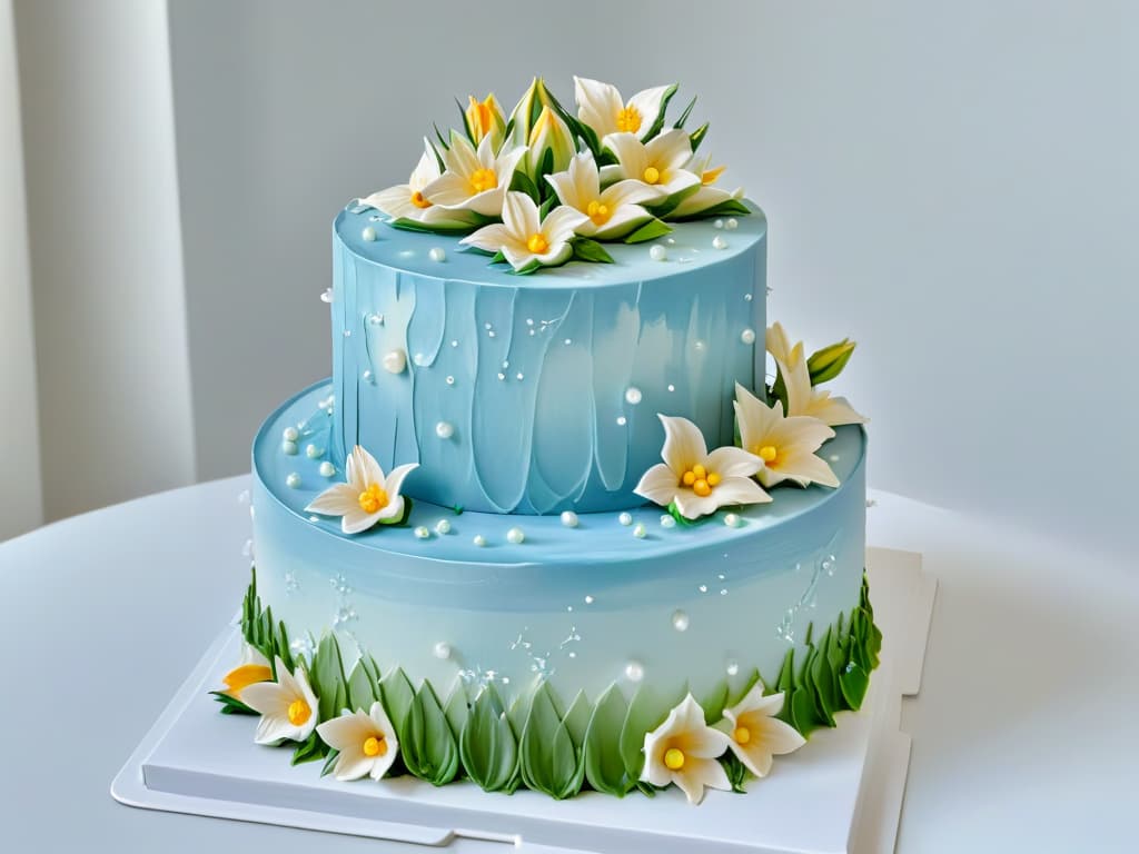  A closeup, ultradetailed shot of a perfectly glazed and meticulously decorated tiered wedding cake, showcasing intricate details like delicate sugar flowers, elegant piping work, and shimmering edible pearls. The cake is set against a clean, white background, emphasizing the precision and artistry of the confectionery masterpiece. hyperrealistic, full body, detailed clothing, highly detailed, cinematic lighting, stunningly beautiful, intricate, sharp focus, f/1. 8, 85mm, (centered image composition), (professionally color graded), ((bright soft diffused light)), volumetric fog, trending on instagram, trending on tumblr, HDR 4K, 8K