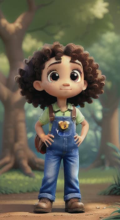  {The tree with a twinkling eye, while its leaves gently rustle., Riley, a curious with big brown eyes and curly hair, wearing overalls and carrying a small backpack. Their friend, Skye, a bluebird with shiny feathers.