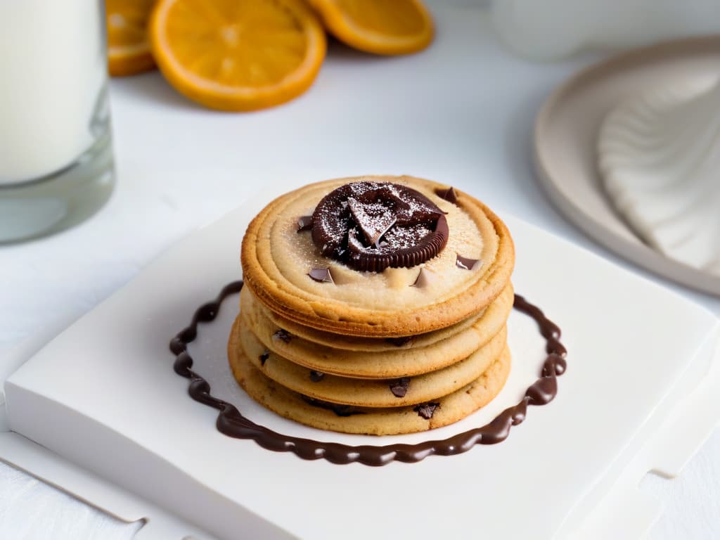  A closeup, ultradetailed image of a perfectly goldenbrown chocolate chip cookie with melted chocolate oozing out of it, placed on a sleek, modern white plate with a scattering of fine cocoa powder dusted around it. The cookie is positioned just offcenter, showcasing its gooey center and enticing texture, while the surrounding negative space emphasizes the simplicity and elegance of the minimalistic composition. hyperrealistic, full body, detailed clothing, highly detailed, cinematic lighting, stunningly beautiful, intricate, sharp focus, f/1. 8, 85mm, (centered image composition), (professionally color graded), ((bright soft diffused light)), volumetric fog, trending on instagram, trending on tumblr, HDR 4K, 8K