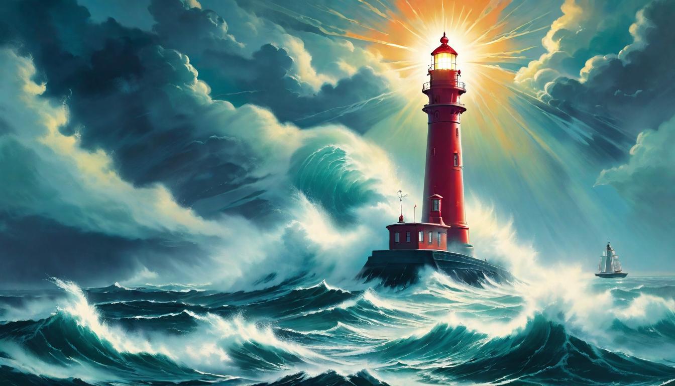  retro futuristic A lighthouse standing firm, its beam cutting through fog, guiding ships through stormy seas to safe harbor, Navigating, life changing, hopeful lvintage sci fi, 50s and 60s style, atomic age, vibrant, highly detailed