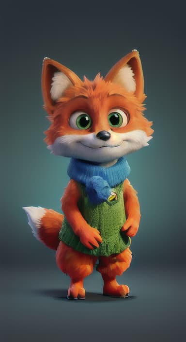  {Error the fox pressing the blue button with his paw, looking puzzled as nothing occurs., Error is a small, bright orange fox with a fluffy tail and big, inquisitive eyes. He has a mischievous yet kind expression and wears a tiny green scarf.