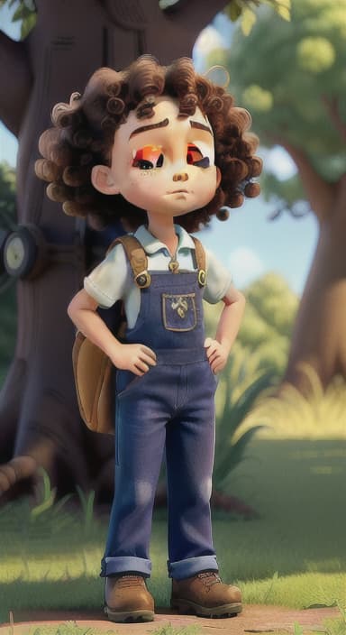  {Riley standing under the tree with eyes closed, making the wish., Riley, a curious with big brown eyes and curly hair, wearing overalls and carrying a small backpack. Their friend, Skye, a bluebird with shiny feathers.