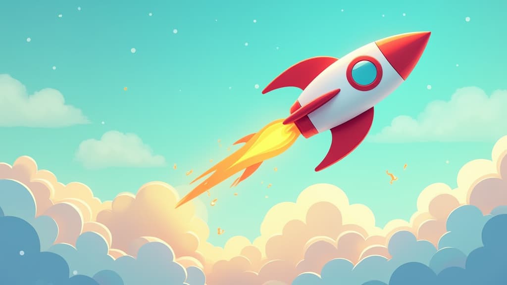  good quality, high quality, a colorful rocket launching through clouds, symbolizing adventure and exploration in a vibrant, animated style.