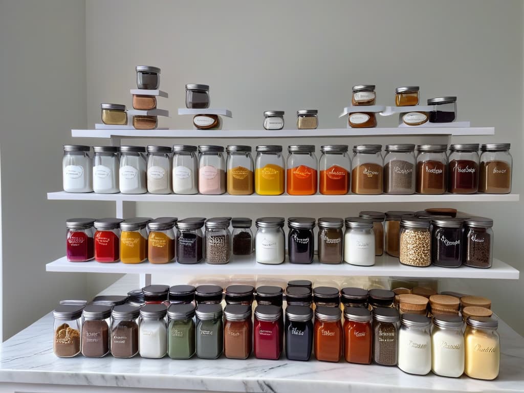  A sleek, minimalistic image featuring a variety of transparent glass jars neatly arranged on a white marble countertop. Each jar is meticulously labeled with elegant calligraphy, showcasing a range of colorful baking ingredients like flour, sugar, cocoa powder, and sprinkles. The light filtering in from a nearby window casts soft shadows, highlighting the simple yet organized display of baking essentials. hyperrealistic, full body, detailed clothing, highly detailed, cinematic lighting, stunningly beautiful, intricate, sharp focus, f/1. 8, 85mm, (centered image composition), (professionally color graded), ((bright soft diffused light)), volumetric fog, trending on instagram, trending on tumblr, HDR 4K, 8K