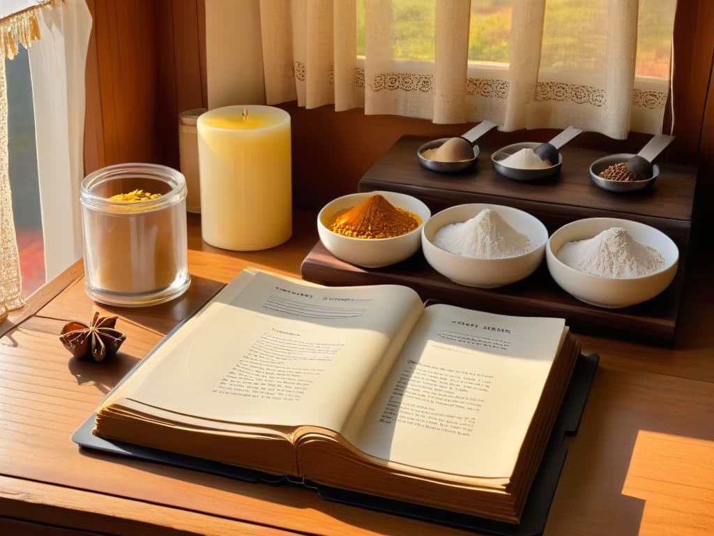  A detailed photorealistic image of a vintage kitchen filled with baking tools and ingredients, showcasing a traditional recipe book open on a wooden table with handwritten notes on yellowed pages. The warm sunlight filters through a lace curtain, casting soft shadows on the rustic ceramic bowls, flour sacks, and jars of spices, creating a nostalgic and inviting atmosphere. hyperrealistic, full body, detailed clothing, highly detailed, cinematic lighting, stunningly beautiful, intricate, sharp focus, f/1. 8, 85mm, (centered image composition), (professionally color graded), ((bright soft diffused light)), volumetric fog, trending on instagram, trending on tumblr, HDR 4K, 8K