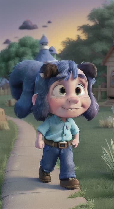  {Max walking back towards the cozy little house with droopy eyes, as twilight falls, The big blue dog is large with sky blue fur, big round eyes, a black nose, and floppy ears.