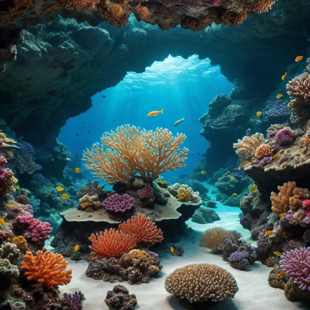  An underwater scene with vibrant corals and small fish, featuring a cave in the corner. Inside the cave, there is a robot mermaid with flowing hair. hyperrealistic, full body, detailed clothing, highly detailed, cinematic lighting, stunningly beautiful, intricate, sharp focus, f/1. 8, 85mm, (centered image composition), (professionally color graded), ((bright soft diffused light)), volumetric fog, trending on instagram, trending on tumblr, HDR 4K, 8K