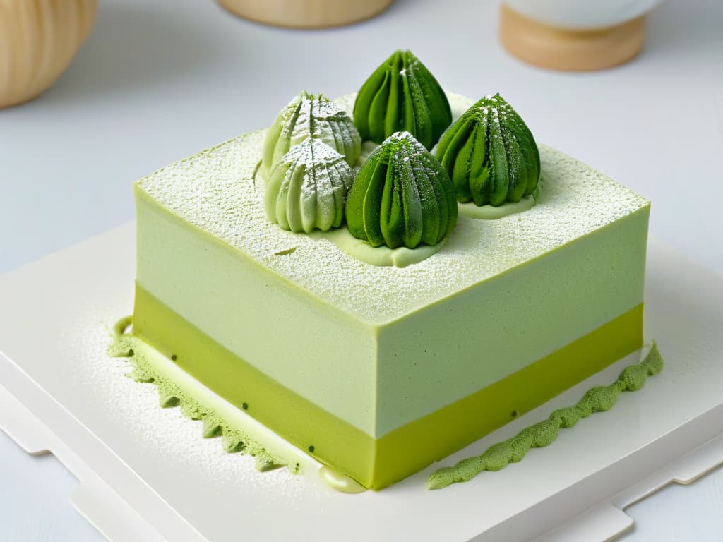  An ultradetailed, 8k resolution image of a delicate, minimalistic matcha green tea dessert beautifully presented on a simple, elegant white plate. The dessert features intricate layers of matchainfused sponge cake, light and fluffy matcha cream, and a dusting of vibrant green matcha powder on top. The soft natural lighting highlights the subtle shades of green in the dessert, creating a visually stunning and appetizing image that perfectly complements the sophisticated tone of the article. hyperrealistic, full body, detailed clothing, highly detailed, cinematic lighting, stunningly beautiful, intricate, sharp focus, f/1. 8, 85mm, (centered image composition), (professionally color graded), ((bright soft diffused light)), volumetric fog, trending on instagram, trending on tumblr, HDR 4K, 8K