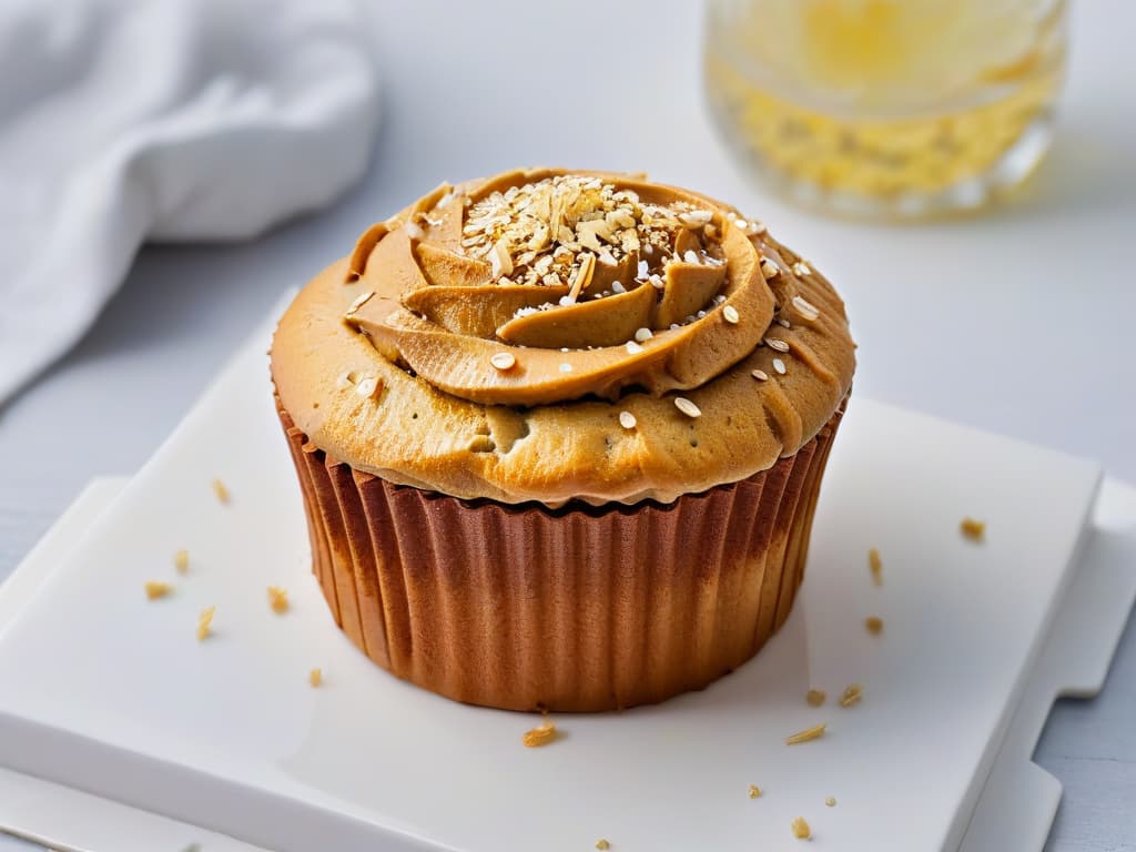  A closeup, ultradetailed image of a perfectly baked golden sacha inchiinfused muffin, topped with a sprinkle of crushed sacha inchi seeds and a drizzle of honey. The muffin sits on a sleek, modern white plate, showcasing its moist interior and nutty texture, with soft natural lighting enhancing its inviting appearance. hyperrealistic, full body, detailed clothing, highly detailed, cinematic lighting, stunningly beautiful, intricate, sharp focus, f/1. 8, 85mm, (centered image composition), (professionally color graded), ((bright soft diffused light)), volumetric fog, trending on instagram, trending on tumblr, HDR 4K, 8K