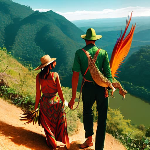  crocodile man carry bird of paradise woman on a hill side looking down at valley .