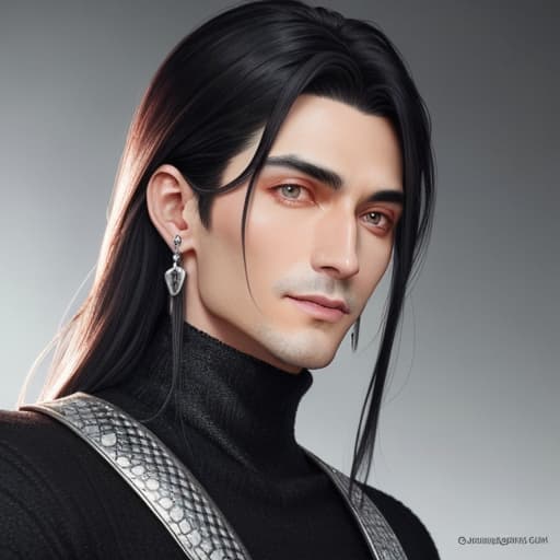  "A handsome man with sharp features, he has long black hair with white highlights, purple eyes, a smile that shows his sharp canines. He's wearing a pair of silver snake earrings and a black turtle neck" Ethereal Elegance hyperrealistic, full body, detailed clothing, highly detailed, cinematic lighting, stunningly beautiful, intricate, sharp focus, f/1. 8, 85mm, (centered image composition), (professionally color graded), ((bright soft diffused light)), volumetric fog, trending on instagram, trending on tumblr, HDR 4K, 8K