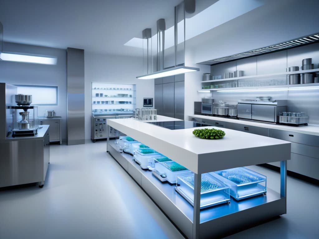  An ultradetailed, 8k image of a pristine, sleek laboratory setting dedicated to molecular gastronomy. The image features a spotless, minimalist kitchen with stateoftheart equipment like centrifuges, precision scales, and glassware neatly arranged on stainless steel countertops. The lighting is soft and indirect, casting a warm glow over the laboratory, highlighting the futuristic and professional ambiance. The focus is on the intricate details of the tools and the precision of the setup, emphasizing the hightech nature of molecular gastronomy. hyperrealistic, full body, detailed clothing, highly detailed, cinematic lighting, stunningly beautiful, intricate, sharp focus, f/1. 8, 85mm, (centered image composition), (professionally color graded), ((bright soft diffused light)), volumetric fog, trending on instagram, trending on tumblr, HDR 4K, 8K