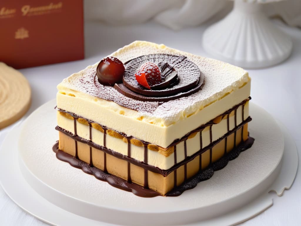  A highresolution, ultradetailed image of a delicate tiramisù dessert, showcasing layers of espressosoaked ladyfingers, rich mascarpone cheese, and a dusting of cocoa powder on top. The presentation is elegant and minimalistic, with a focus on the creamy texture and intricate layers of the classic Italian dessert. hyperrealistic, full body, detailed clothing, highly detailed, cinematic lighting, stunningly beautiful, intricate, sharp focus, f/1. 8, 85mm, (centered image composition), (professionally color graded), ((bright soft diffused light)), volumetric fog, trending on instagram, trending on tumblr, HDR 4K, 8K