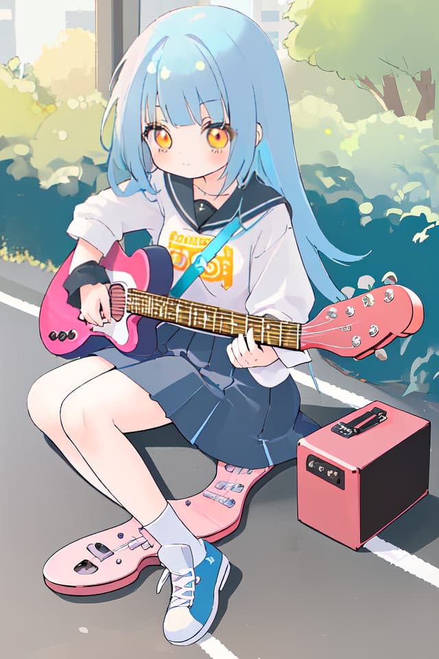  High school girl, mini character, cute, electric guitar, long hair, hanging, sitting on the ground, put an electric guitar on the knee, cross hand