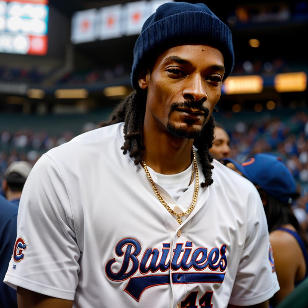  Snoop Dogg at a Chicago Cubs game. hyperrealistic, full body, detailed clothing, highly detailed, cinematic lighting, stunningly beautiful, intricate, sharp focus, f/1. 8, 85mm, (centered image composition), (professionally color graded), ((bright soft diffused light)), volumetric fog, trending on instagram, trending on tumblr, HDR 4K, 8K
