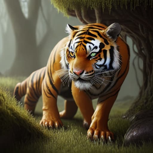  best quality professional photograph. swamp, underground cave tiger in the moss, stained glass, high detailed, in the style elegant, highly detailed digital painting, a real landscape, bloomcore, steamcore, hyperdetailed, vanishing point, digital painting, led, fantasy art, album cover art, 8k, octane render, sf, intricate artwork masterpiece, ominous, matte painting movie poster, golden ratio, trending on cgsociety, intricate, epic, trending on artstation, highly detailed, vibrant, production cinematic character render, ultra high quality model