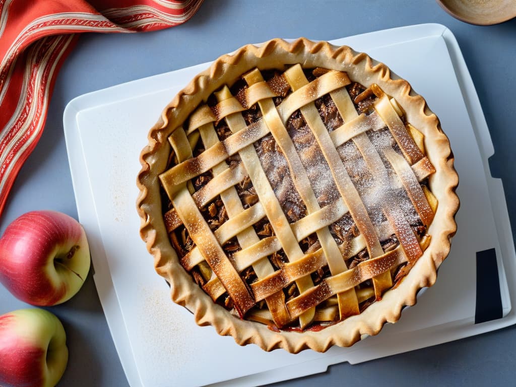  An ultradetailed closeup of a goldenbrown lattice crust topping on a freshly baked apple pie, showcasing intricate weaving patterns with a sprinkle of cinnamon on top, set against a clean, modern backdrop to convey a minimalist aesthetic. hyperrealistic, full body, detailed clothing, highly detailed, cinematic lighting, stunningly beautiful, intricate, sharp focus, f/1. 8, 85mm, (centered image composition), (professionally color graded), ((bright soft diffused light)), volumetric fog, trending on instagram, trending on tumblr, HDR 4K, 8K