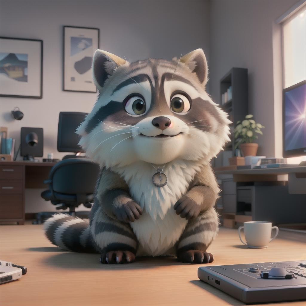  raccoon sitting in gaming chair front a computer on desktop, ((semi anthropomorphic)),(full body), tail, belly, sitting, fat, (chubby), (((white background))), solo, desktop, gaming chair, side view,  [[[clothes]]] hyperrealistic, full body, detailed clothing, highly detailed, cinematic lighting, stunningly beautiful, intricate, sharp focus, f/1. 8, 85mm, (centered image composition), (professionally color graded), ((bright soft diffused light)), volumetric fog, trending on instagram, trending on tumblr, HDR 4K, 8K