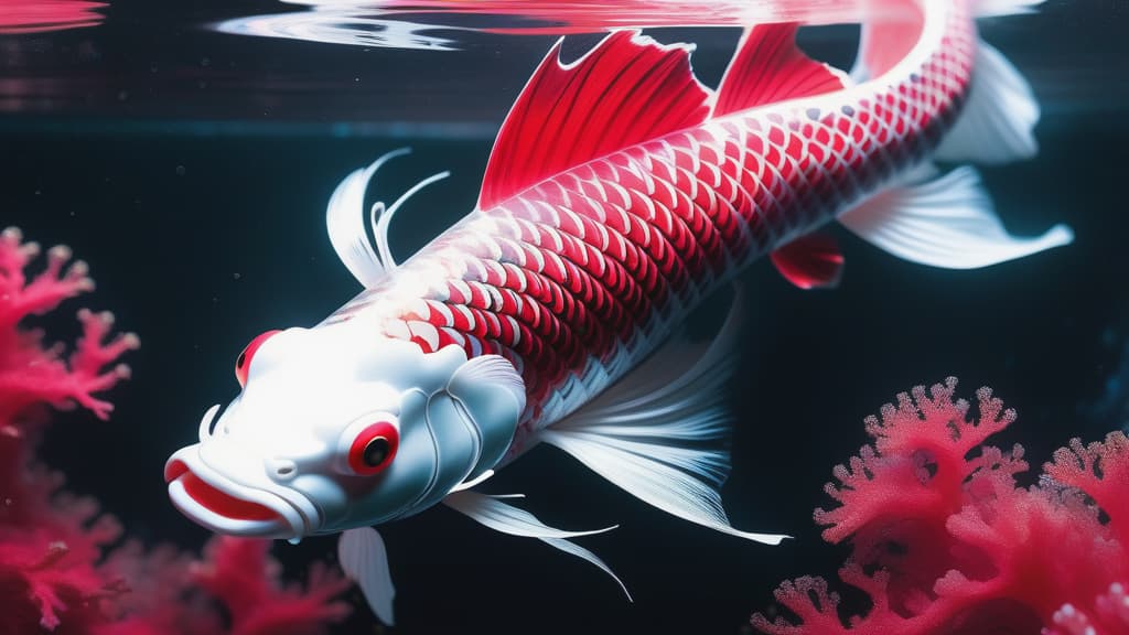  photo RAW, (Black, dark red and neon pink : Portrait of 2 ghostly long tailed white koi, goku, shiny aura, highly detailed, red filigree, intricate motifs, organic tracery, Januz Miralles, Hikari Shimoda, glowing stardust by W. Zelmer, perfect composition, smooth, sharp focus, sparkling particles, lively coral reef background Realistic, realism, hd, 35mm photograph, 8k), masterpiece, award winning photography, natural light, perfect composition, high detail, hyper realistic hyperrealistic, full body, detailed clothing, highly detailed, cinematic lighting, stunningly beautiful, intricate, sharp focus, f/1. 8, 85mm, (centered image composition), (professionally color graded), ((bright soft diffused light)), volumetric fog, trending on instagram, trending on tumblr, HDR 4K, 8K