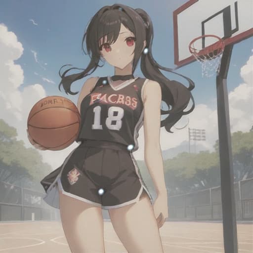  anime girl black hair bright dark brown eyes red and white basketball uniform with the number 18 and the name Nicky white and black shoes Have your hair in a medium high ponytail with two strands on the sides of your ears, have a basketball and look full body Pastel Palette, Da Vinci's Dreams, Picasso's , Sunrise Splendors, Floral Fantasy, Mystical Moonscapes, Urban Nature, Crystal Clear, Cinematic hyperrealistic, full body, detailed clothing, highly detailed, cinematic lighting, stunningly beautiful, intricate, sharp focus, f/1. 8, 85mm, (centered image composition), (professionally color graded), ((bright soft diffused light)), volumetric fog, trending on instagram, trending on tumblr, HDR 4K, 8K