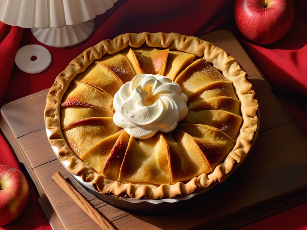  A closeup, photorealistic image of a freshly baked apple pie with a golden, flaky crust, sitting on a rustic wooden table. The pie is surrounded by whole apples, cinnamon sticks, and a dollop of whipped cream, evoking a warm and inviting atmosphere perfect for showcasing the versatility of apple puree in baking. hyperrealistic, full body, detailed clothing, highly detailed, cinematic lighting, stunningly beautiful, intricate, sharp focus, f/1. 8, 85mm, (centered image composition), (professionally color graded), ((bright soft diffused light)), volumetric fog, trending on instagram, trending on tumblr, HDR 4K, 8K