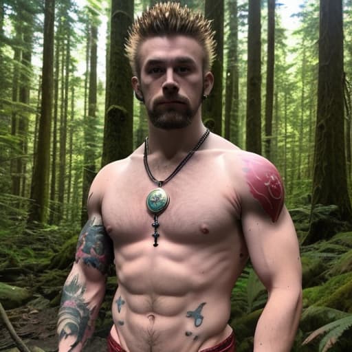  muscular, crazy hair, necklace, tattoo, sunlight aura, natural, forest, red speedo, eastern, daddy look, full body