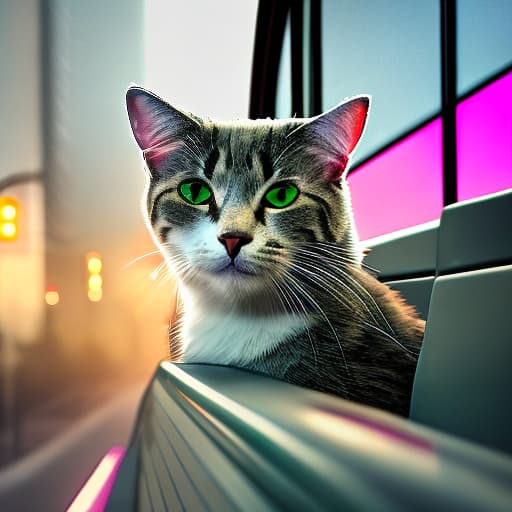 nvinkpunk Realistic image of a cat wearing headphones and reading glasses while riding a bus., insanely detailed hyperrealistic, full body, detailed clothing, highly detailed, cinematic lighting, stunningly beautiful, intricate, sharp focus, f/1. 8, 85mm, (centered image composition), (professionally color graded), ((bright soft diffused light)), volumetric fog, trending on instagram, trending on tumblr, HDR 4K, 8K