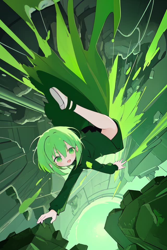  Green hair character falling at the bottom of the abyss