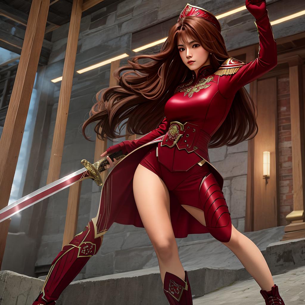  masterpiece, best quality, beutiful mexican lady with long brown hair and a tint of maroon.wearing red warrior suit.a fighter with a sword